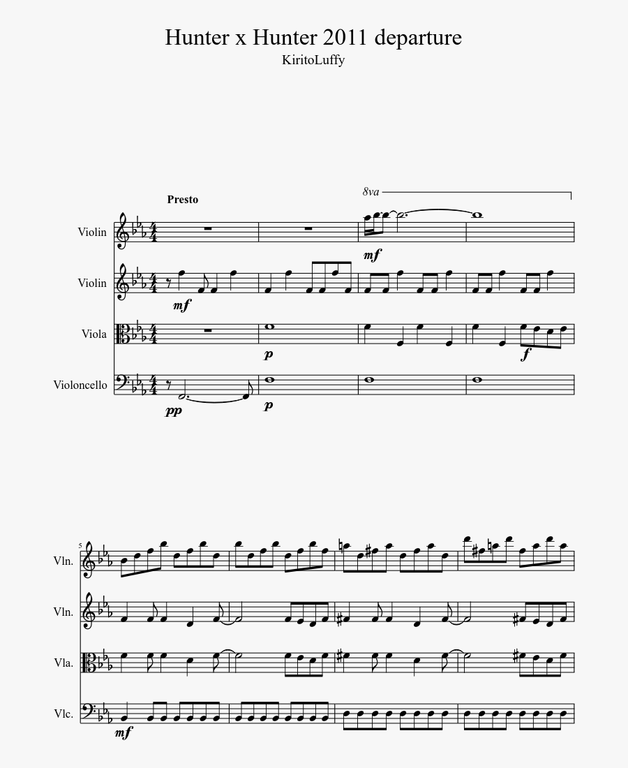 Hunter X Hunter 2011 Departure Sheet Music 1 Of 5 Pages - Jupiter String Quartet Sheet, Transparent Clipart