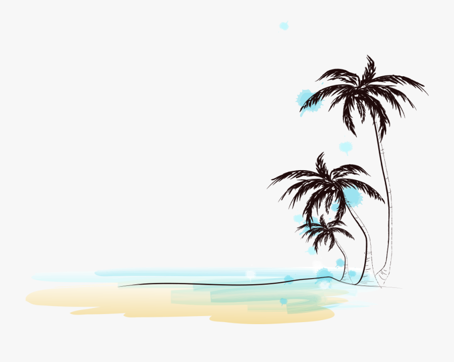 Drawing Of Beach With Coconut Trees Png Image - Beach With Coconut Tree Drawing, Transparent Clipart