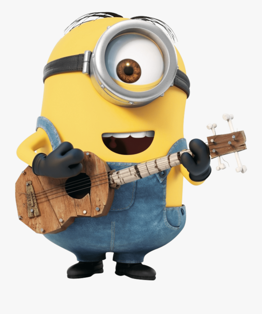 minion stuart interacts with guitar
