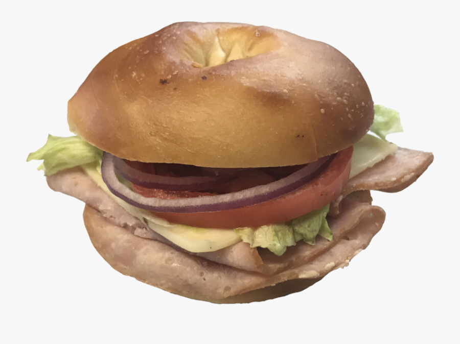 Ham Sandwich On Plain Bagel With Onion, Tomato, Lettuce - Cheeseburger, Transparent Clipart