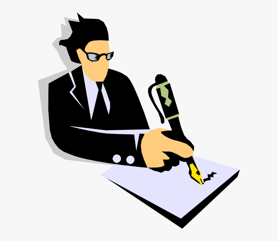 Vector Illustration Of Businessman Writing On Paper - Cartoon, Transparent Clipart