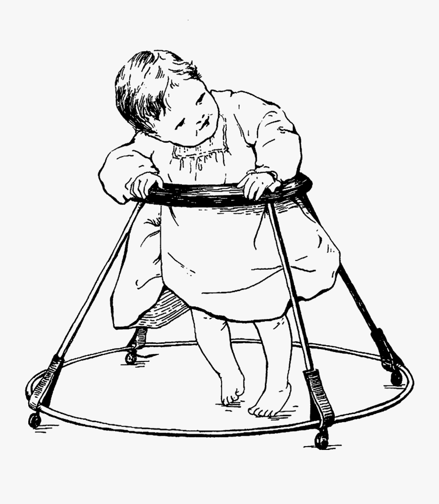 Baby Image Clip Art Walker Illustration Vintage - Baby Walker Clipart Black And White, Transparent Clipart
