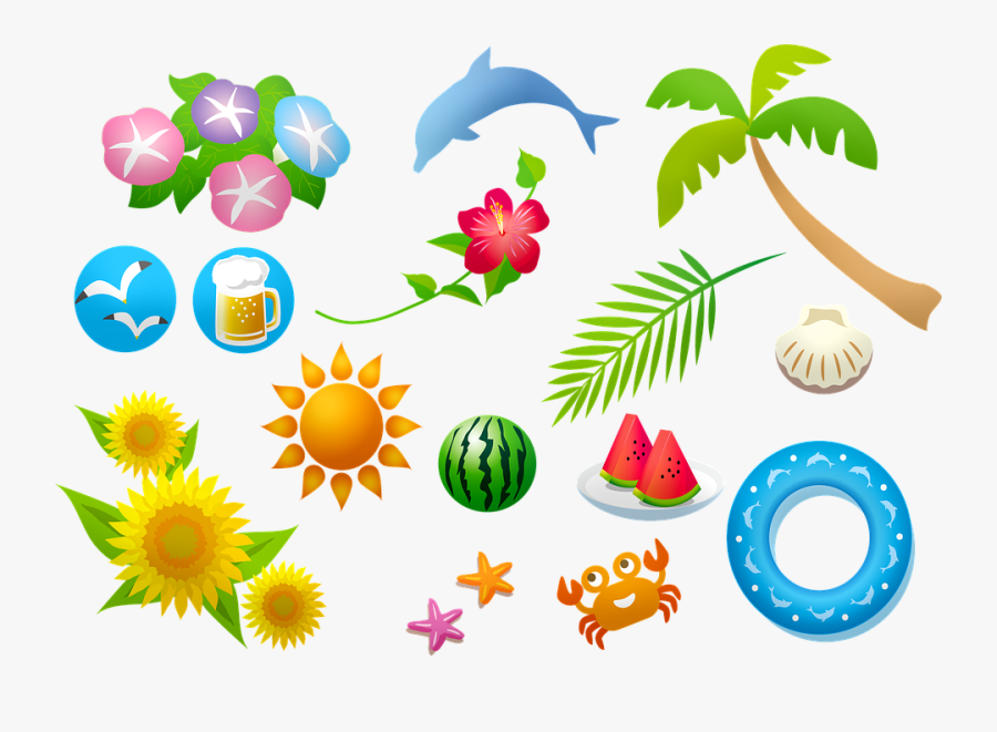 Beach, Dolphin, Water, Palm Tree, Sailboat, Clouds - イラスト 素材 夏 の 風物詩 イラスト, Transparent Clipart
