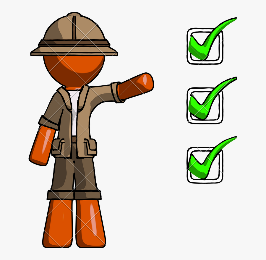 Orange Explorer Ranger Man Standing By List Of Checkmarks - Stock Photography, Transparent Clipart