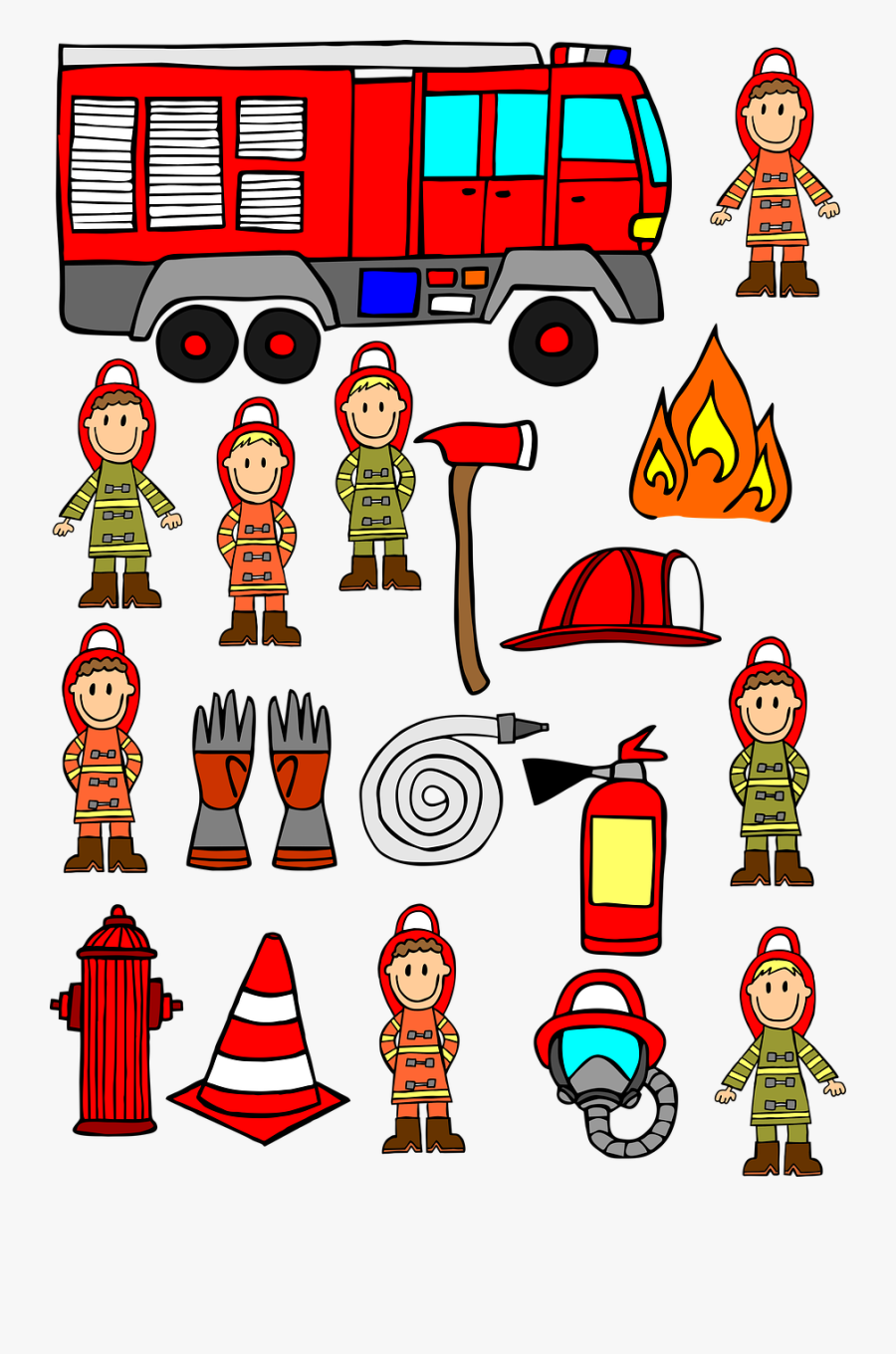 Firemen, Hand Drawn, Fire Engine Car, Axe - Profissões Educação Infantil, Transparent Clipart