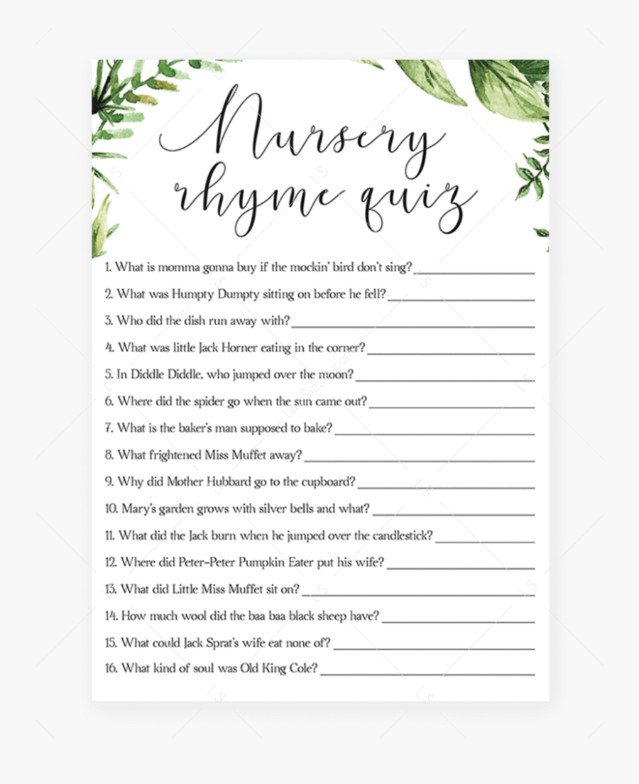 Greenery Nursery Rhyme Quiz Babyshower Game Instant - Bridal Shower Emoji Game, Transparent Clipart