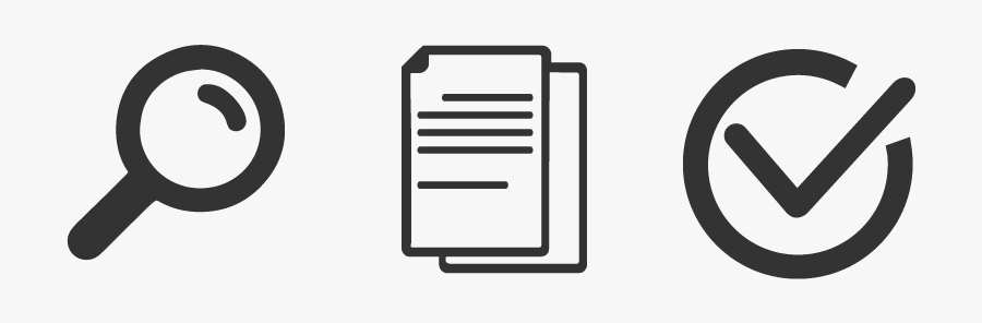 Magnifying Glass, Paperwork, And Checkmark Icons - Sign, Transparent Clipart
