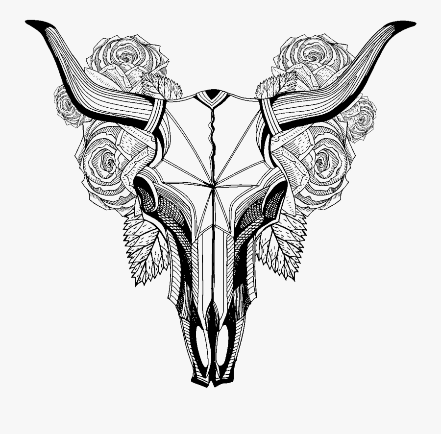 Sticker Boheme Tete De Buffle Avec Fleurs Ambiance - Graphic Cow Skull And Roses, Transparent Clipart