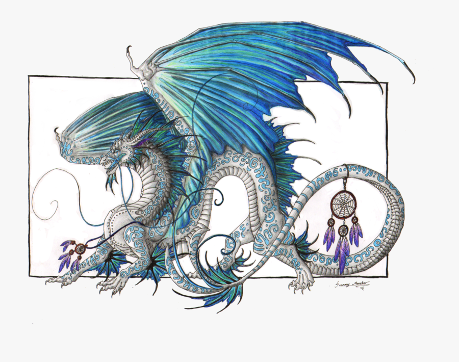 Blue Drawing Dream Catcher - Dragon And Dream Catcher, Transparent Clipart