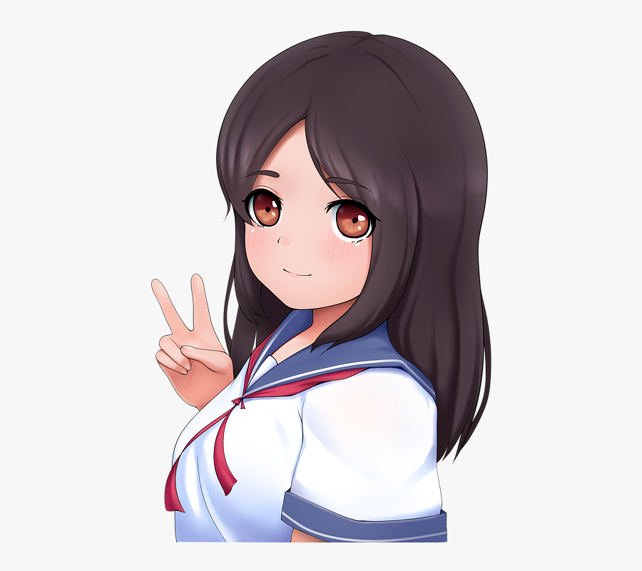 Clip Art Brown Eye Black Hair Anime Girl With Peace Sign