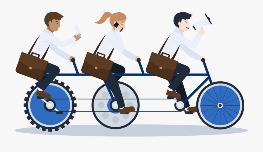 Three Cartoon Recruiters With Cellphones On A Tandem, Transparent Clipart