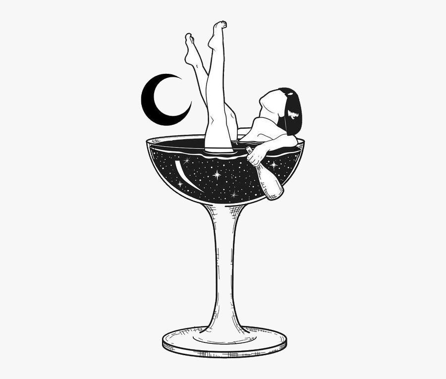 #illustration #girl #moon #champagne #aesthetic #black - Aesthetic Black Illustration, Transparent Clipart