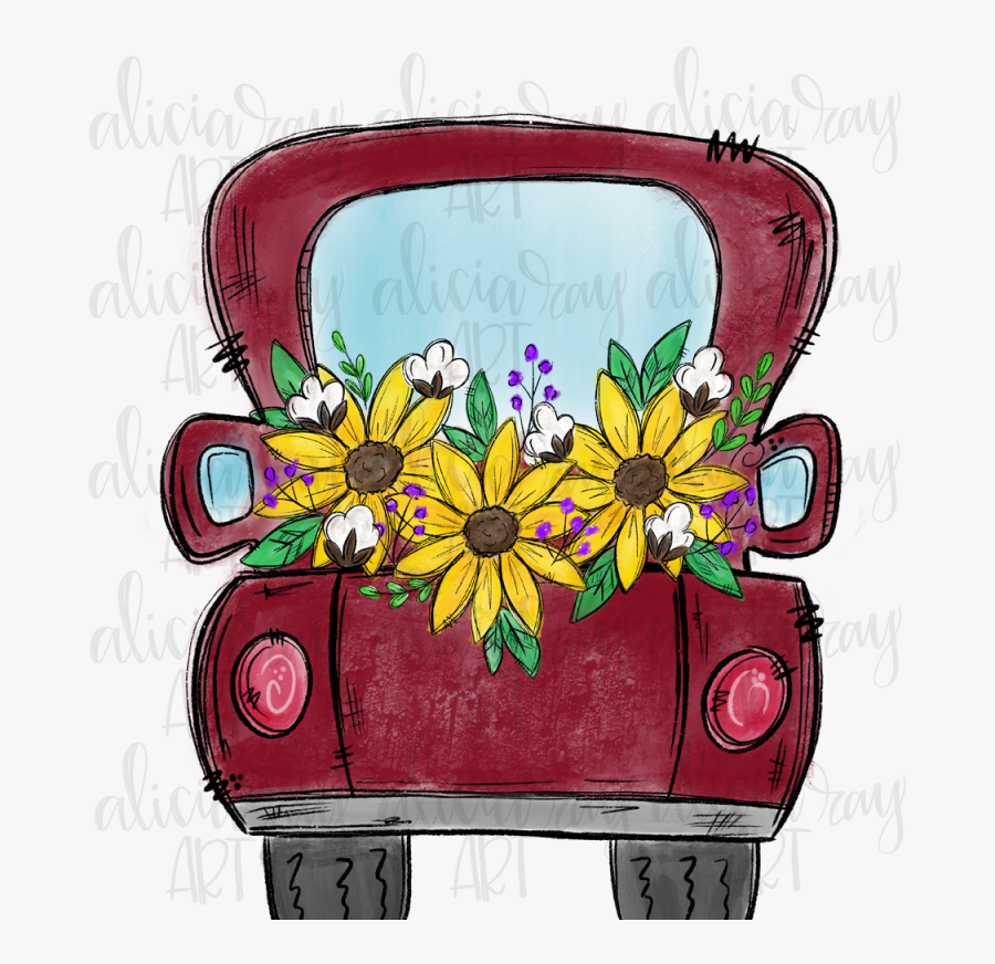 Red Sunflower Truck Sublimation Png Digital Download - Illustration, Transparent Clipart