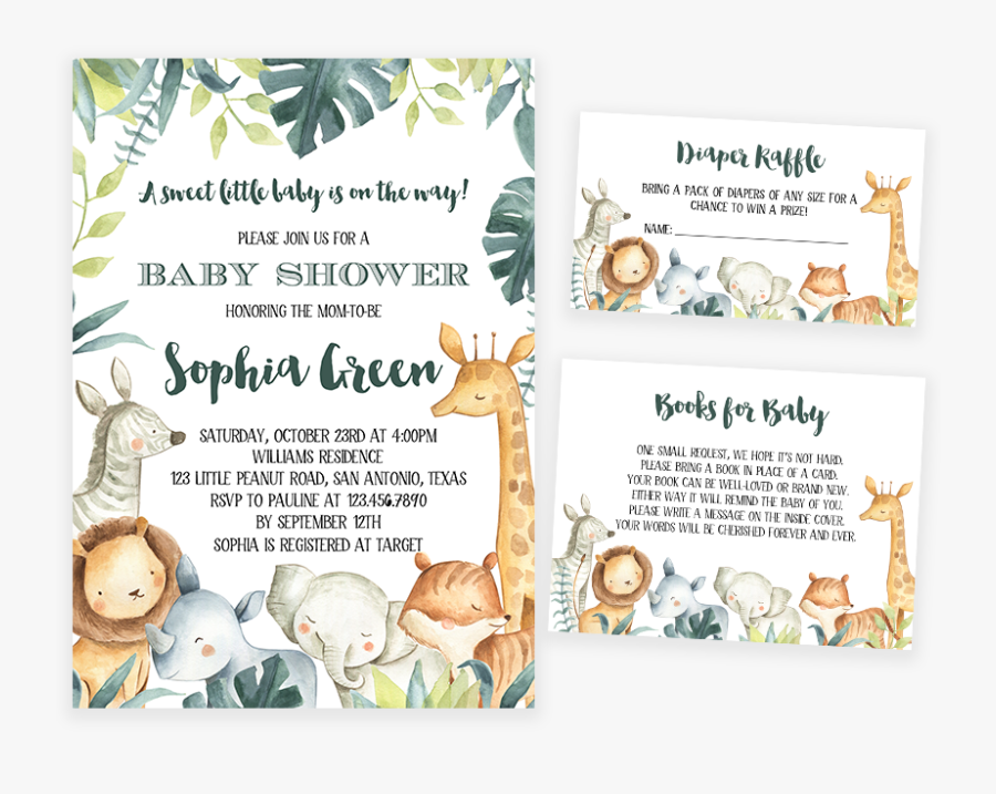 Safari Animals Baby Shower Invitation Pack - Safari Baby Animals Png, Transparent Clipart