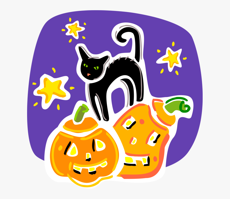 Vector Illustration Of Halloween Black Cat Associated - Black Cat, Transparent Clipart
