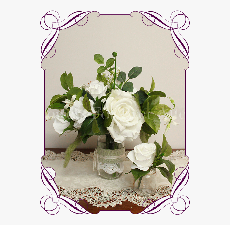 Silk Artificial White Roses And Baby"s Breath With - White Rose Wedding Flowers In Jars On Tables, Transparent Clipart