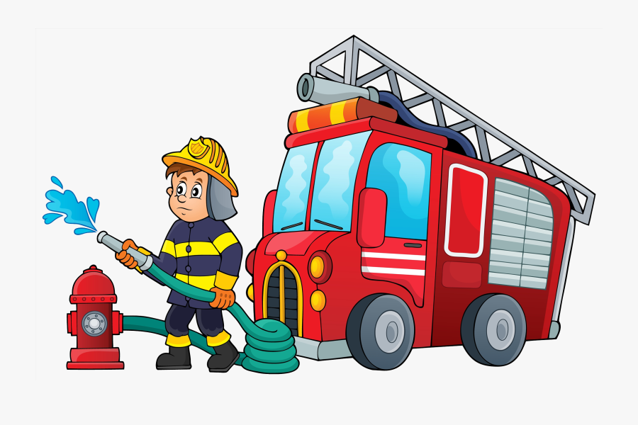 Cartoon Firefighter Pictures - Fireman With Fire Truck Cartoon, Transparent Clipart
