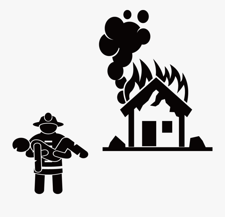 Firefighter Stick Figure Firefighting - House On Fire Clipart Black And White, Transparent Clipart