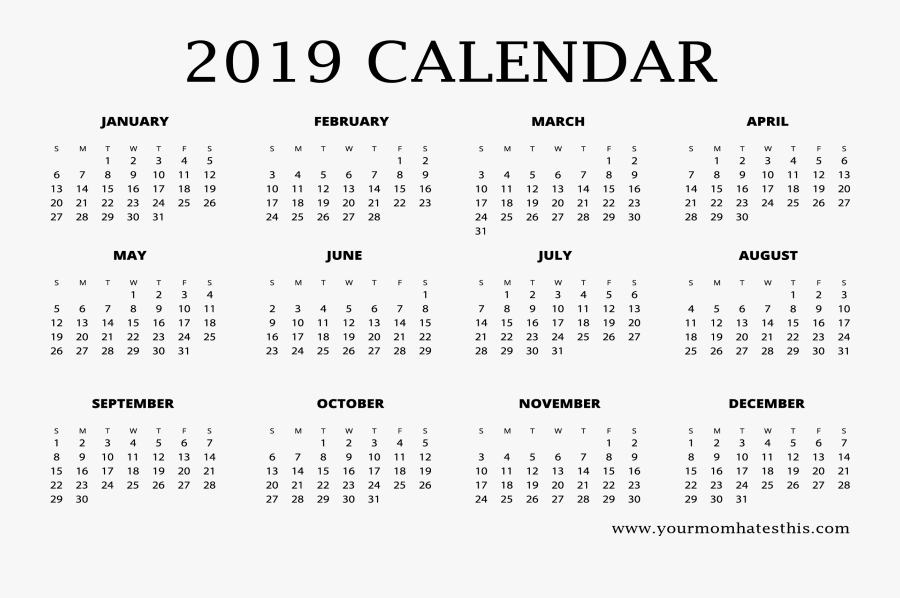 Clip Art 2019 Yearly Calendar Template - Full Printable Calendar 2019, Transparent Clipart
