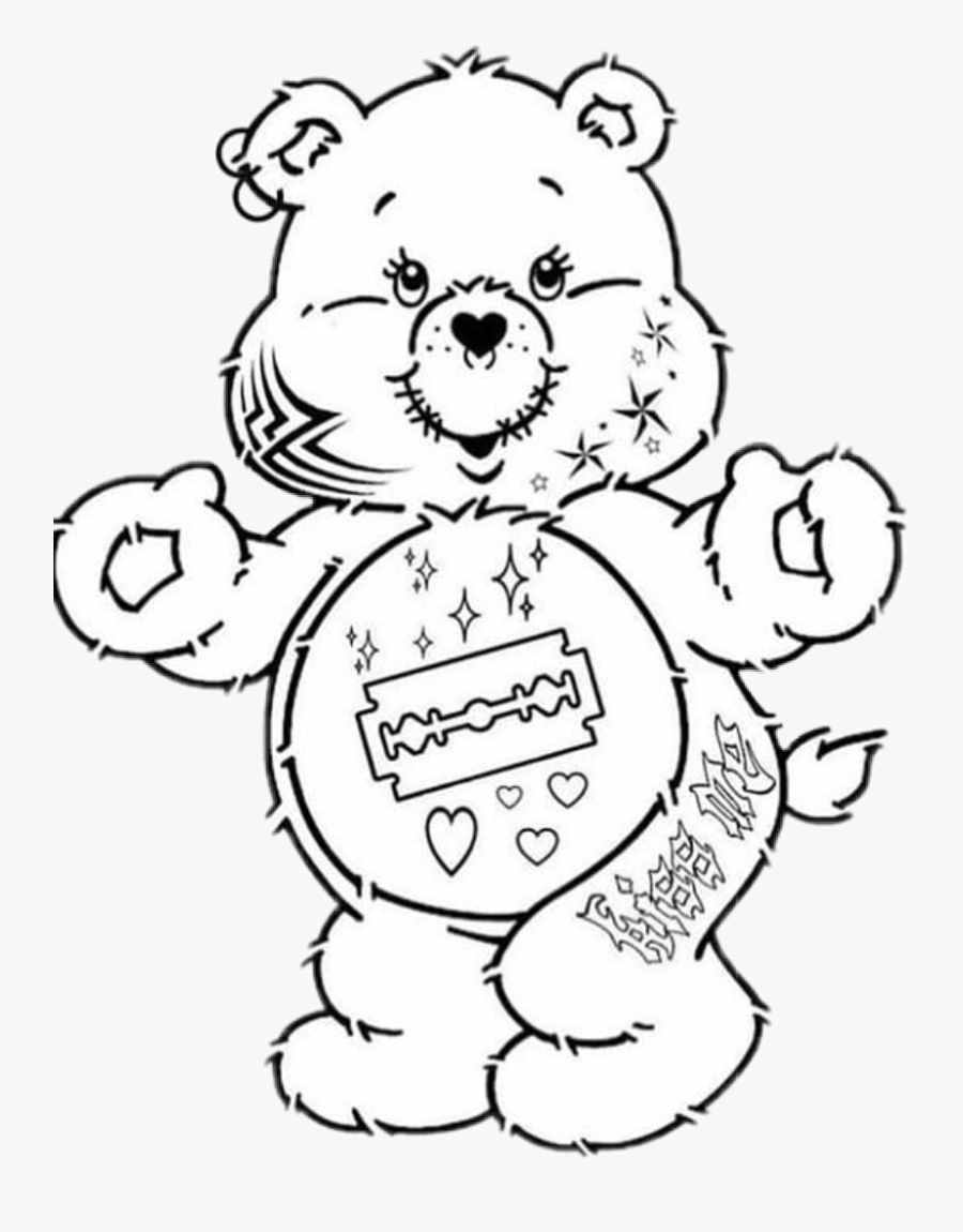 #goth #teddy #bear #white #black #tattoo #heart #razorblade - Easy Care Bears Drawing, Transparent Clipart