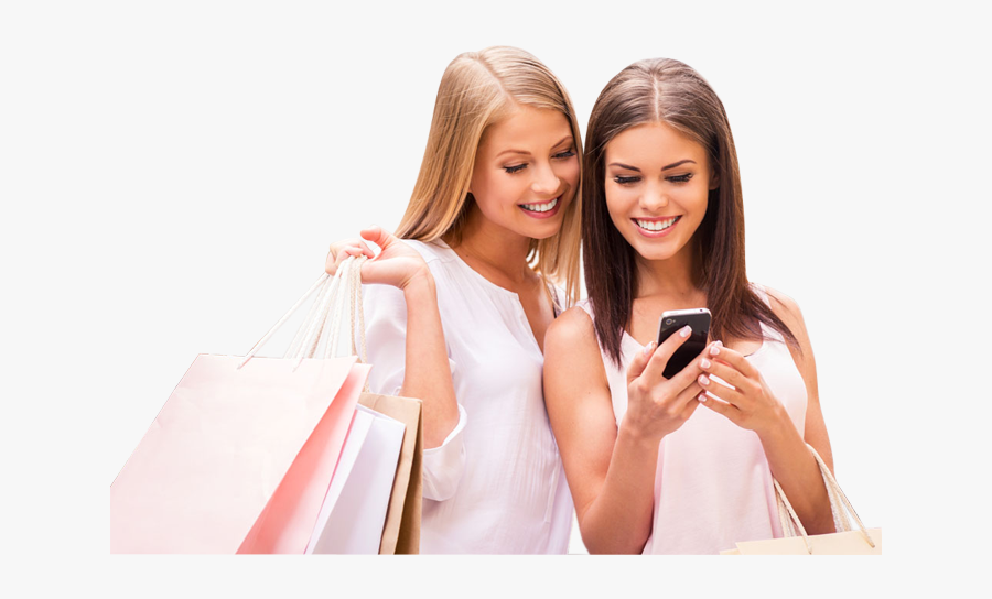 Clip Art Two Happy Shopping Woman - Looking At Phone Png, Transparent Clipart