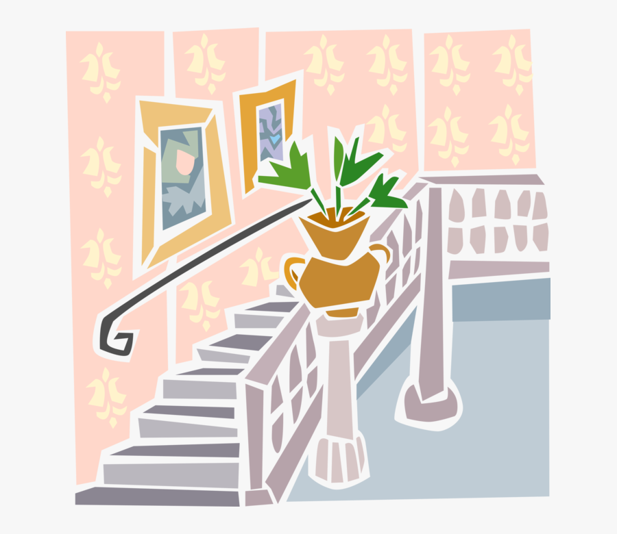 Vector Illustration Of House Interior Stairs With Potted, Transparent Clipart