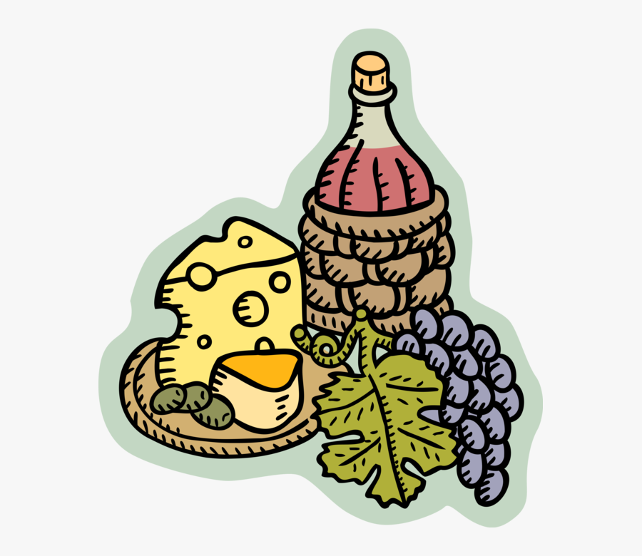 Vector Illustration Of Red Wine With Grapes And Fresh - Wine And Cheese Clipart, Transparent Clipart