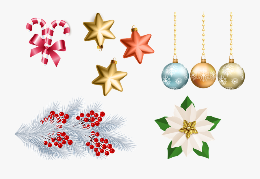 Christmas Ornaments, Beads, Balls, Poinsettia, Holly - Flower, Transparent Clipart