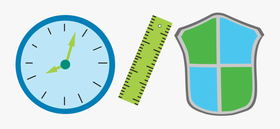 This Image Shows A Clock, A Ruler, And A Shield In, Transparent Clipart