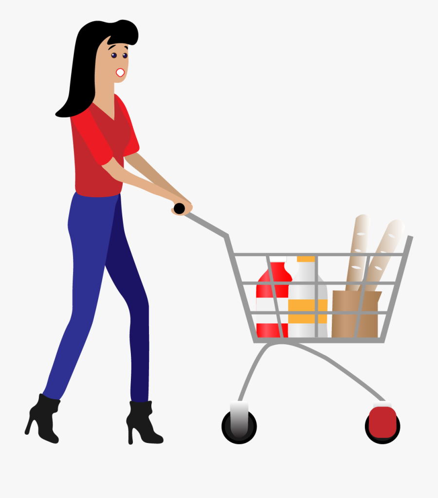 Woman With Shopping Cart Illustration Png, Transparent Clipart