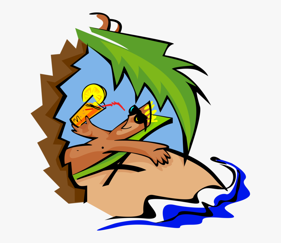 Vector Illustration Of Man Relaxing On Beach With Fruit - Cartoon, Transparent Clipart