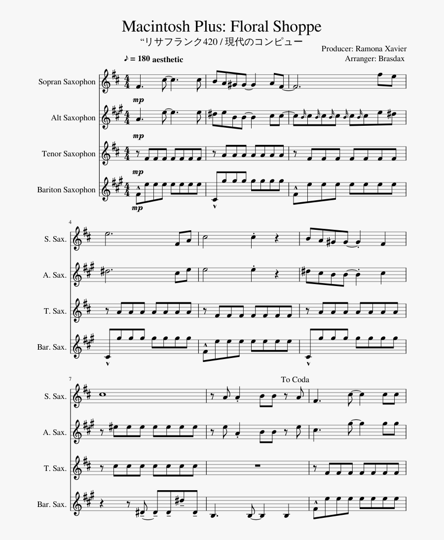 Clip Art Macintosh Plus Saxophone Quartet - Rise Jonas Blue Piano Sheet Music, Transparent Clipart