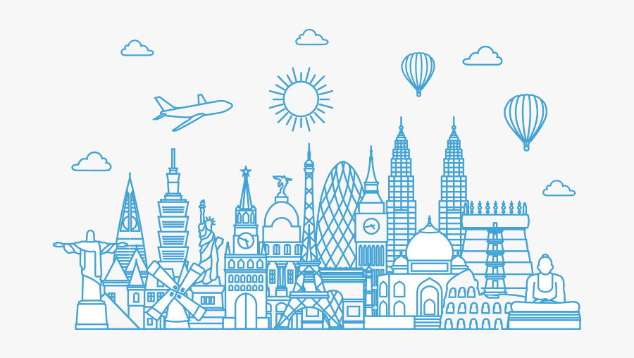 Cartoon Of City With Plane Flying Over - World Travel Background Vector, Transparent Clipart