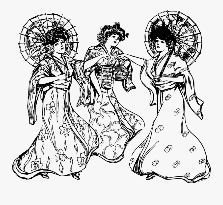 Desenho De Gueixas Com Guarda Chuvas, Transparent Clipart