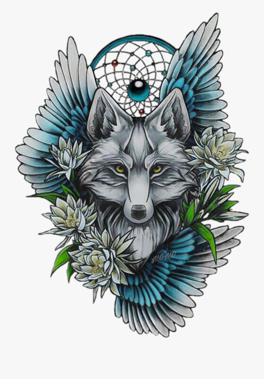 Wolf With Flowers Tattoo, Hd Png Download - Tattoo Howling Wolf Dreamcatcher, Transparent Clipart