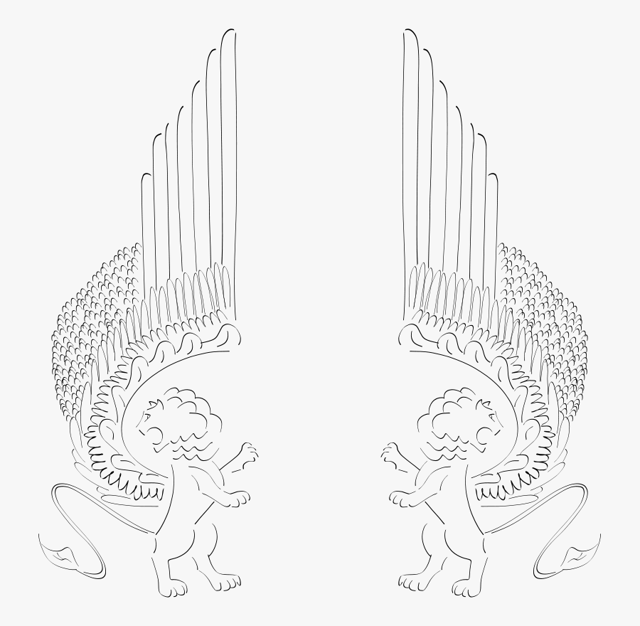 Free Winged Lions Facing Out - Winged Lions Line Drawing, Transparent Clipart