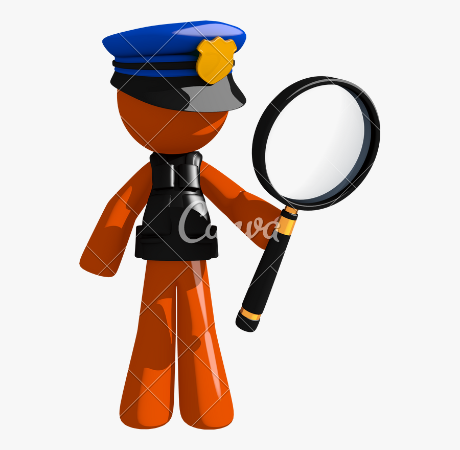 Orange Man Police Officer Holding Magnifying Glass - Officer Searching Cartoon, Transparent Clipart