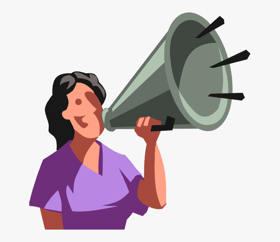 Vector Illustration Of Businesswoman Makes Important - Bullhorn Announcement Cartoon, Transparent Clipart