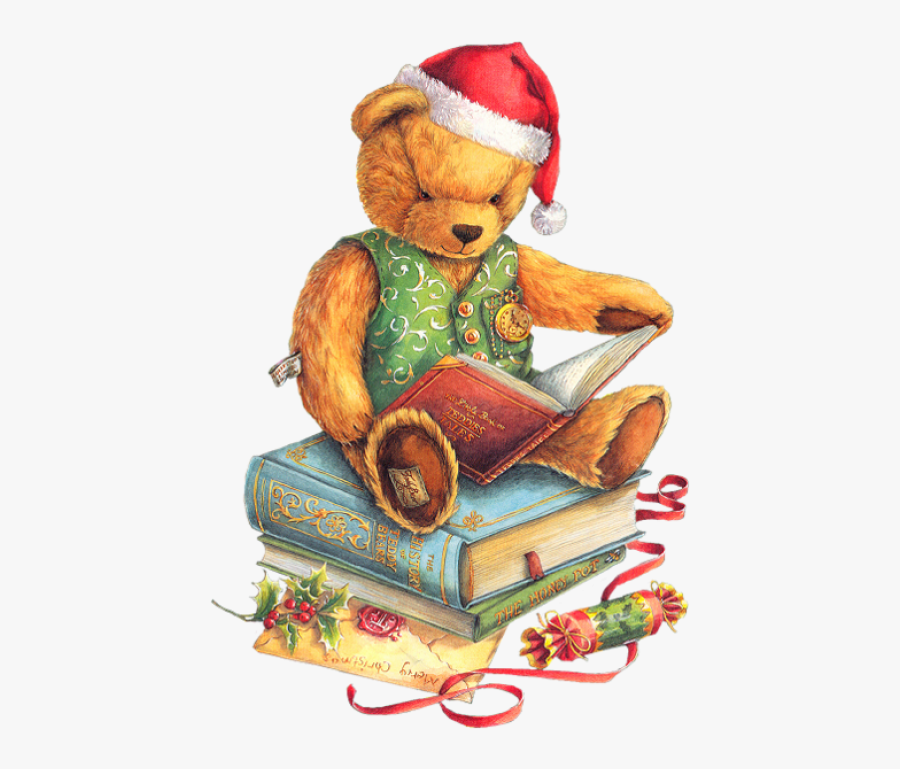 Christmas Teddy Bear With Santa Hat And Books Png - Christmas Reading Clip Art, Transparent Clipart