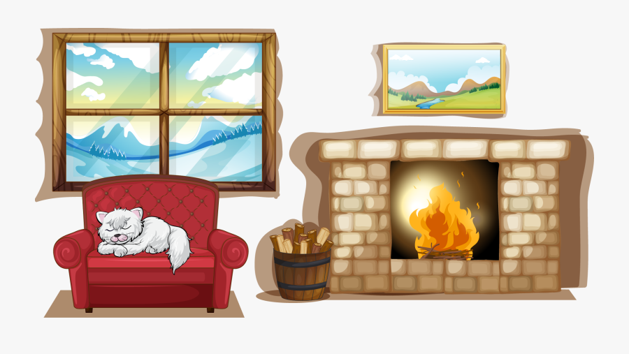 Fireplace Clipart Chimenea - Cat Is Sleeping In The Living Room Catoon, Transparent Clipart