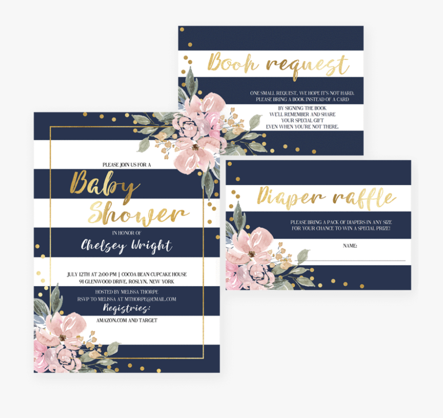 Clip Art Floral Baby Shower Invitation - Free Invitation Template Blue Stripes Floral, Transparent Clipart