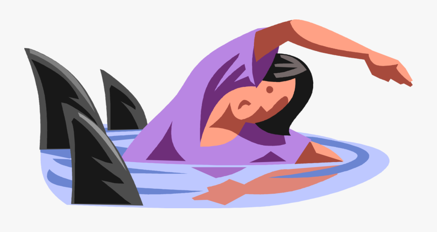 Vector Sharks Surfing - Woman Swimming Away From Shark, Transparent Clipart