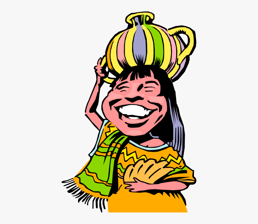 Vector Illustration Of Native South American Girl Carries - Girl Carrying Water On Her Head Cartoon, Transparent Clipart