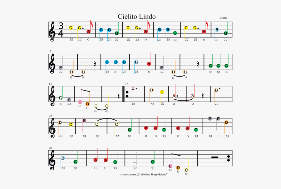 Color Coded Easy Violin Sheet Music For Cielito Lindo - Cielito Lindo Violin Sheet Music, Transparent Clipart