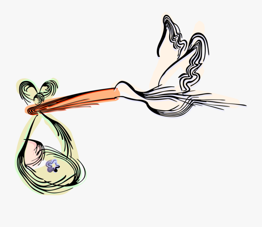 Vector Illustration Of Stork Bird Delivers Newborn, Transparent Clipart