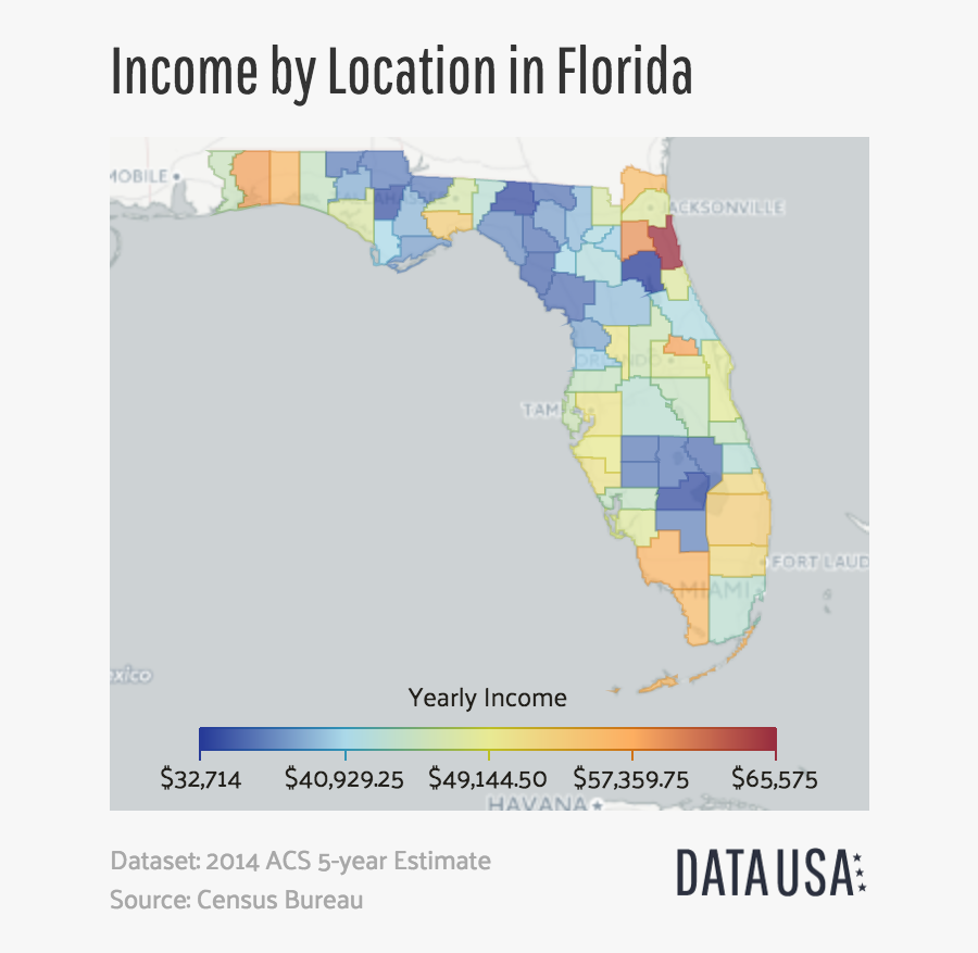 Transparent Florida Map Clipart - Income By Location Florida, Transparent Clipart