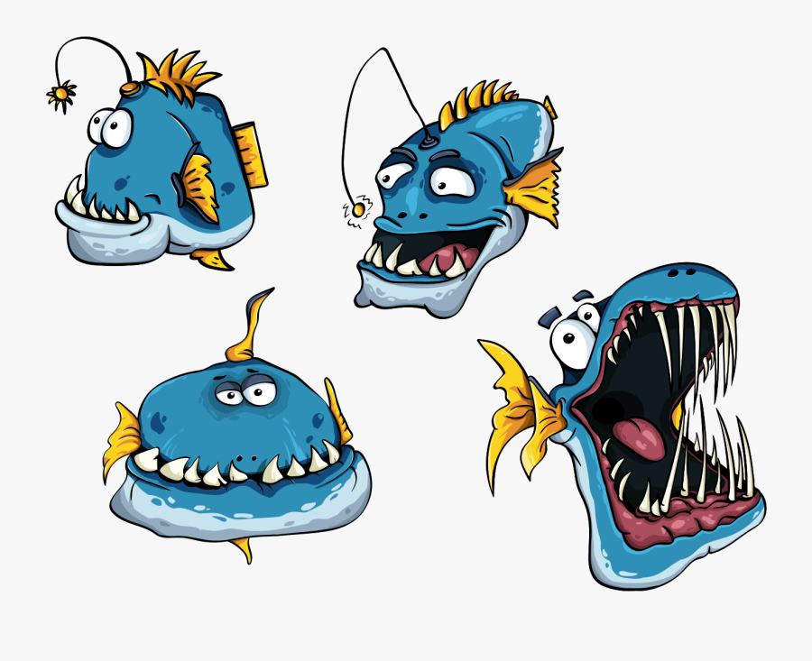 Set, Fishes, Blue, Toothy, Jaw - Мультяшная Рыба, Transparent Clipart