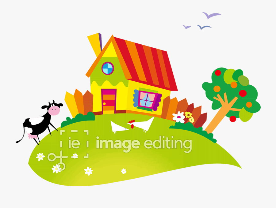 Small House With Cow And Chicken Vector Image - Cartoon Scenery, Transparent Clipart