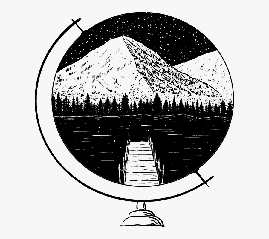 Globe, Mountains, Stars, Lake, Water, Trees, Landscape - Mountains Lake Stars Illustration, Transparent Clipart