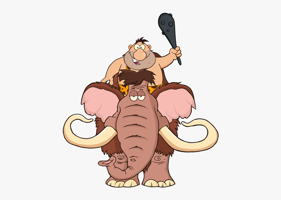 Happy Caveman Over Mammoth Vector Humor Mascot Mammoth - Cartoon Character Mammoth, Transparent Clipart